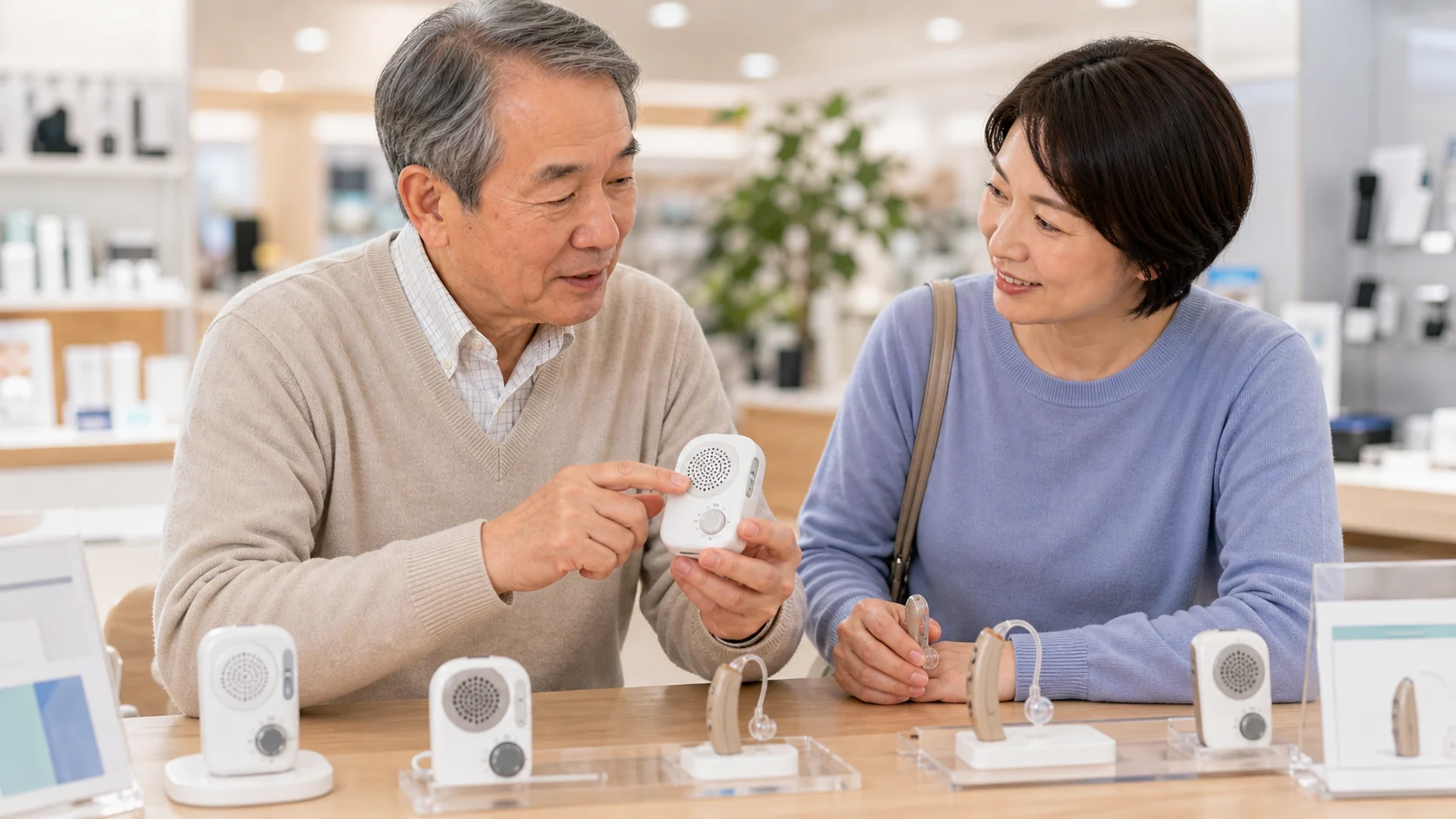高齢者の親が店舗で集音器を確認するイメージ