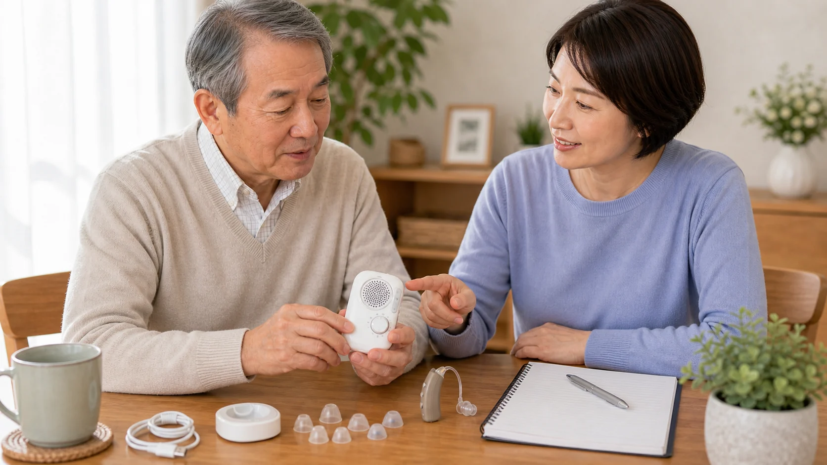 集音器を試す前に確認したいポイントを家族でチェックするイメージ