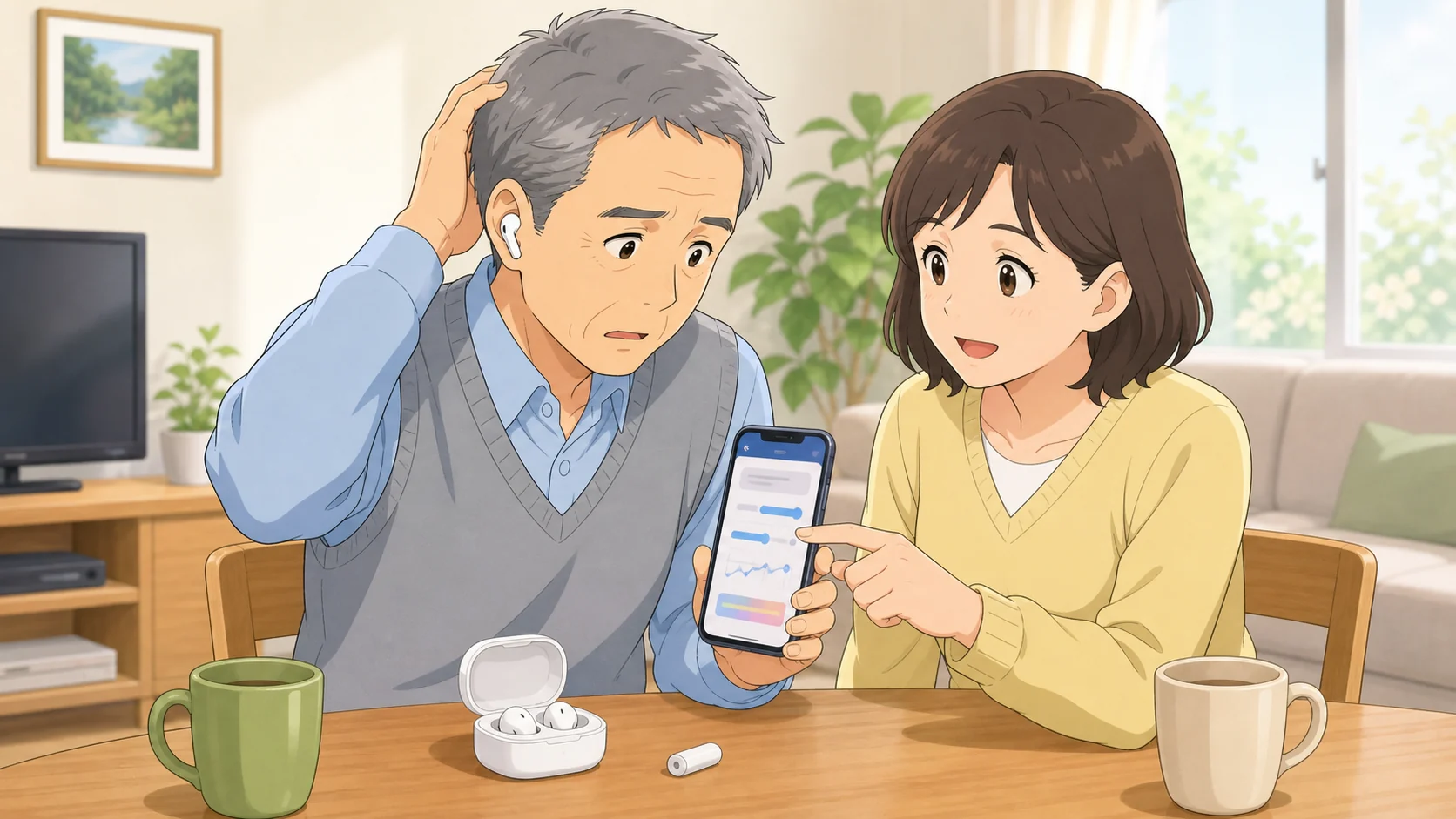 Cearvol Wave Liteのスマホ操作を家族がサポートしている様子