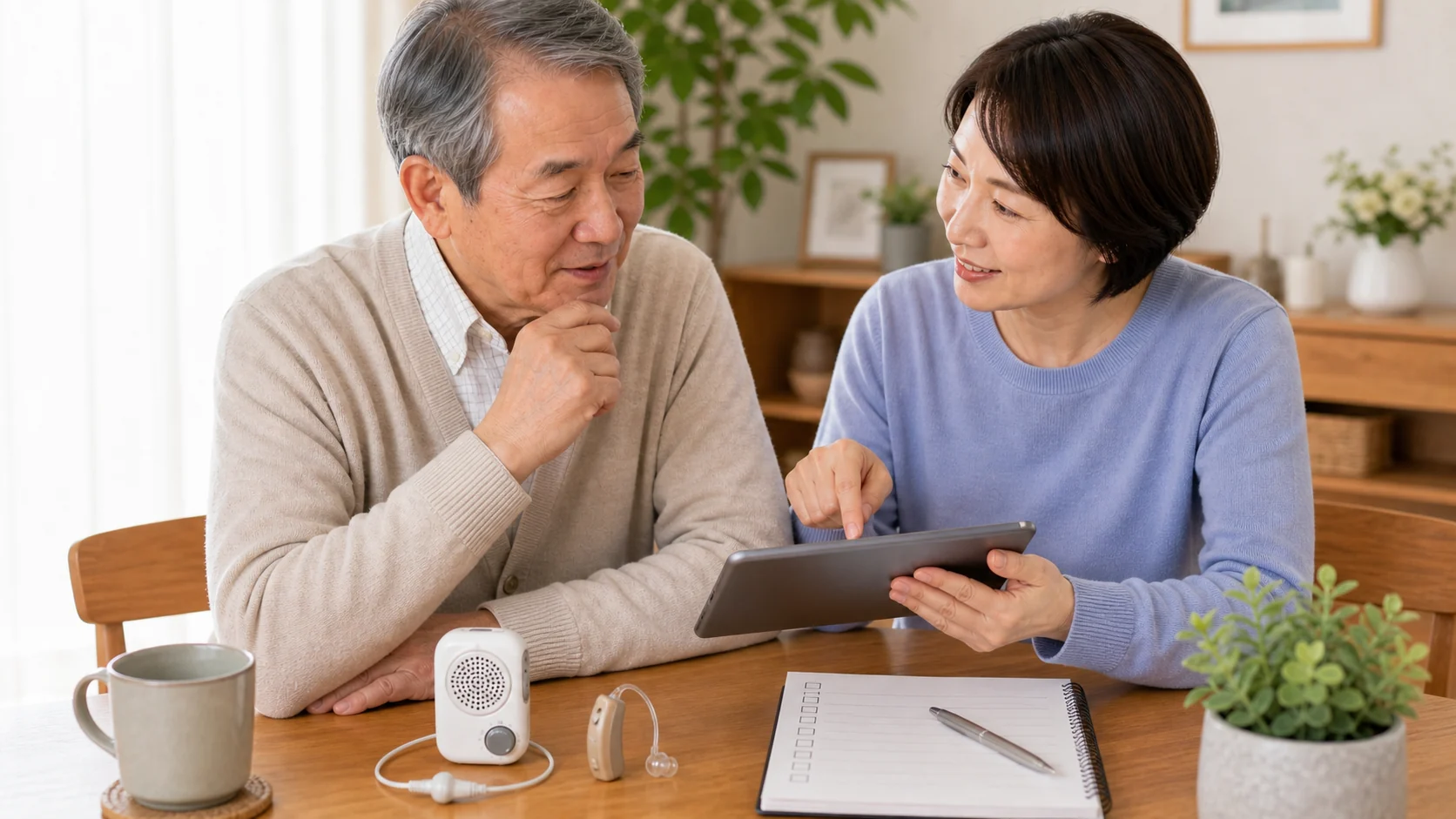 集音器をどこで買うか家族で相談する様子