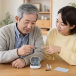 集音器が聞こえない原因を家族で確認している様子