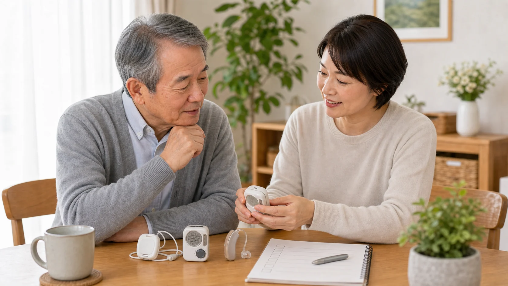 高齢者向け集音器を家族で選ぶ様子