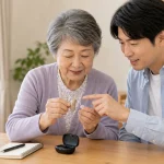 高齢者が使いやすい集音器を家族で確認している様子
