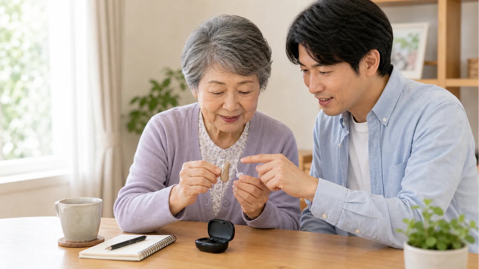 高齢者が使いやすい集音器を家族で確認している様子
