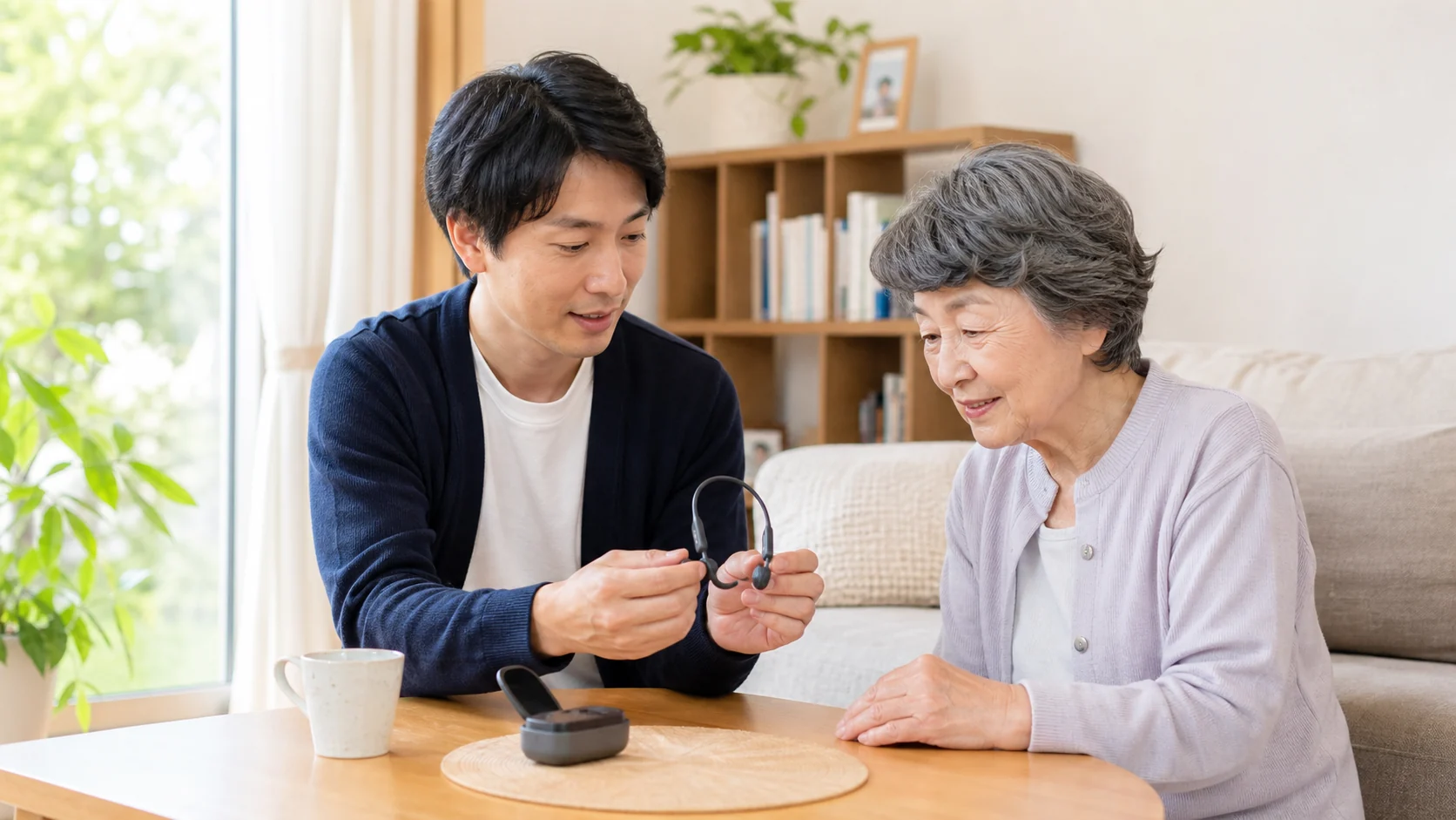 骨伝導集音器について家族で確認している様子