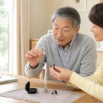 目立たない集音器を家族で選んでいる様子