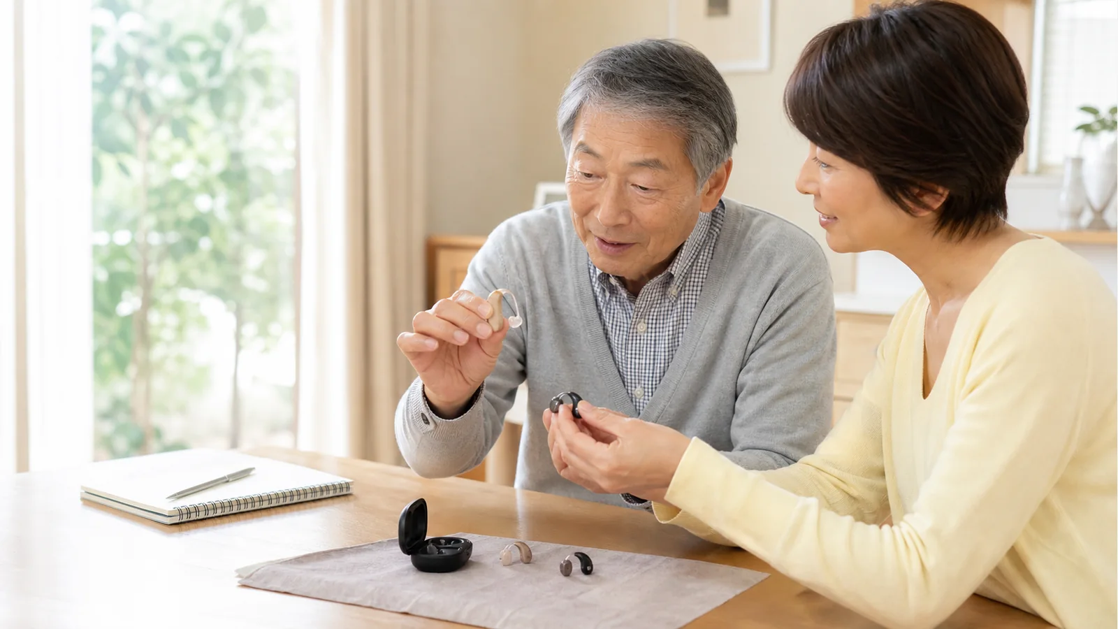 目立たない集音器を家族で選んでいる様子