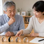 耳掛け集音器を家族で比較する様子