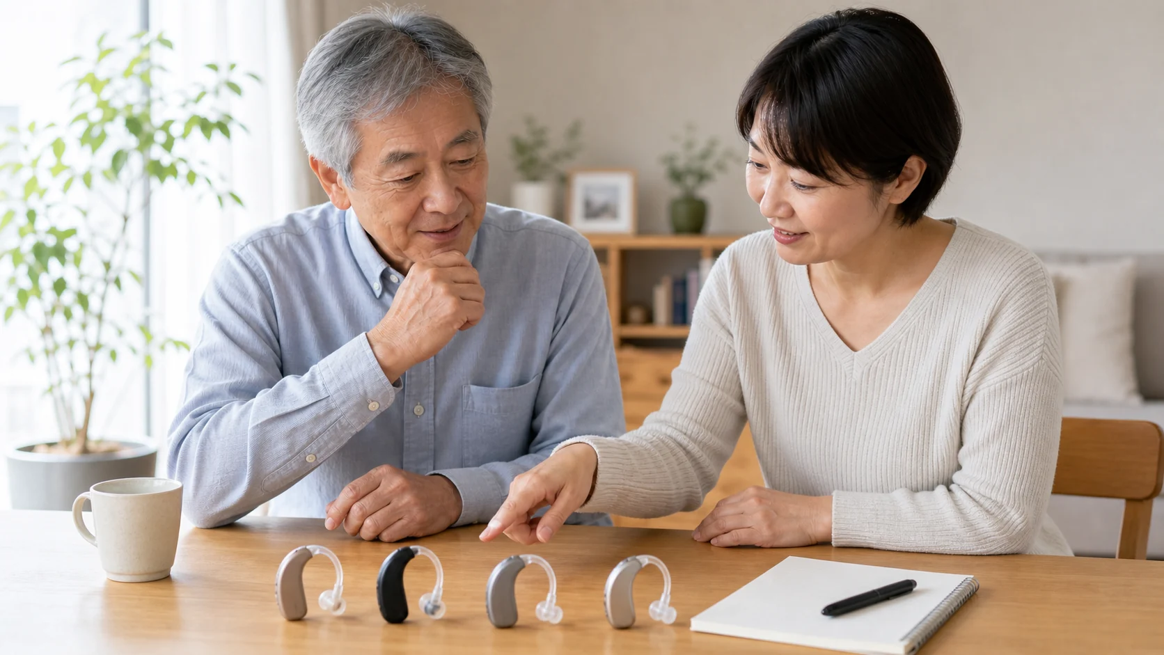 耳掛け集音器を家族で比較する様子