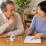 集音器と難聴について家族で相談する様子