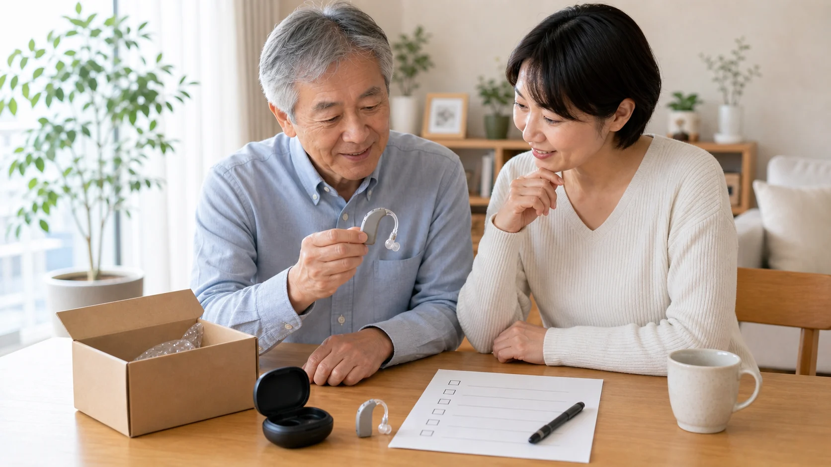 集音器をお試しで確認する家族の様子