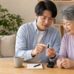 親に贈る集音器を家族で確認している様子