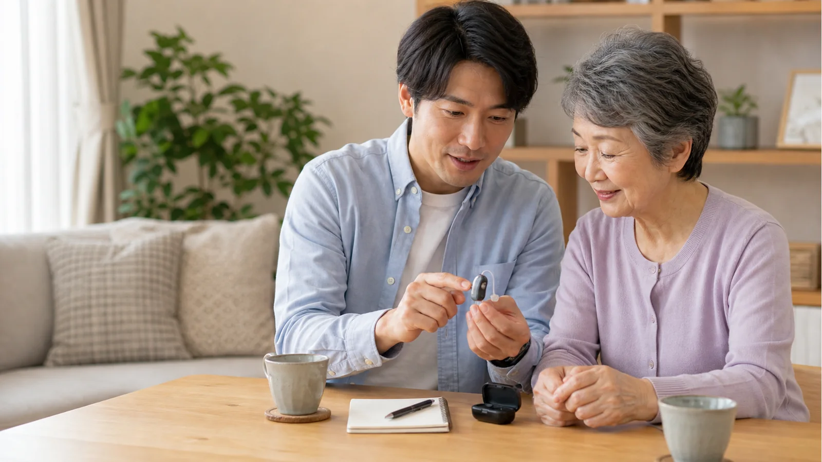 親に贈る集音器を家族で確認している様子