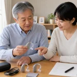 両耳で使える集音器を家族で比較する様子