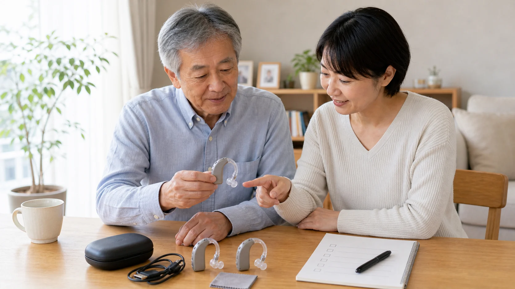 両耳で使える集音器を家族で比較する様子