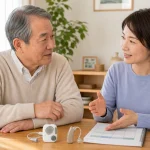 集音器と補聴器について家族で相談する様子