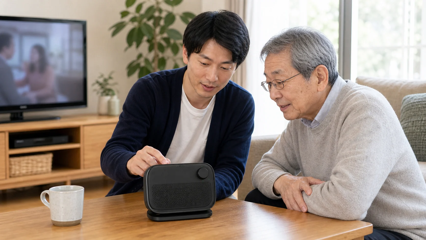 テレビ用集音器を家族で確認している様子
