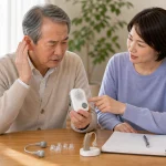 集音器の雑音について家族で確認する様子