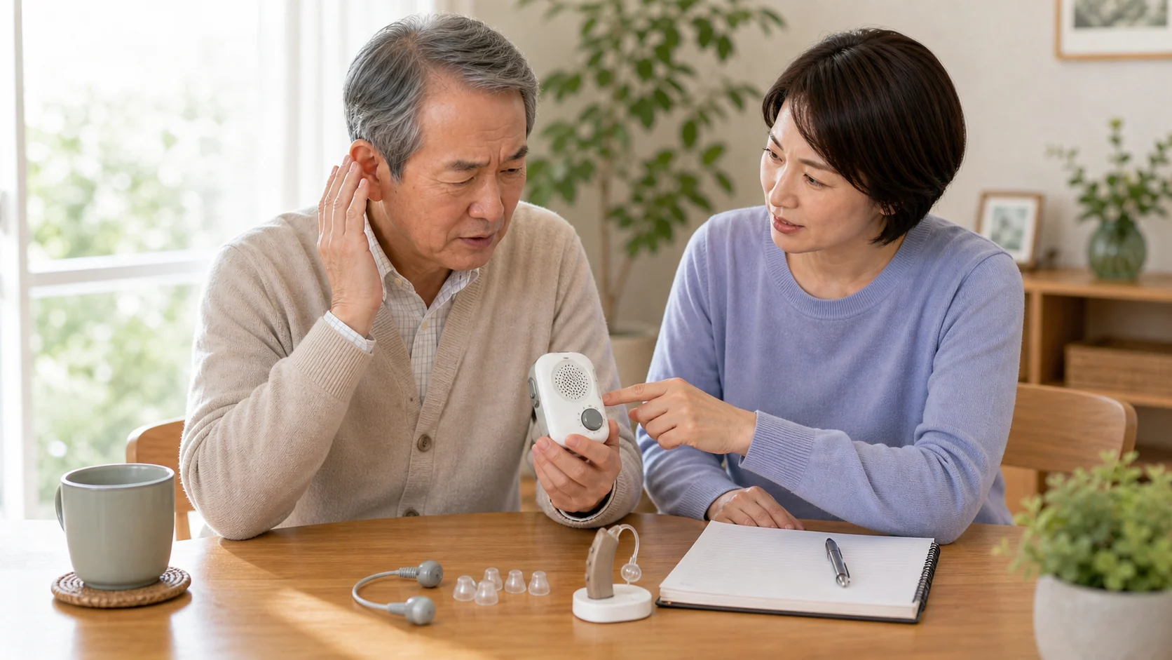 集音器の雑音について家族で確認する様子