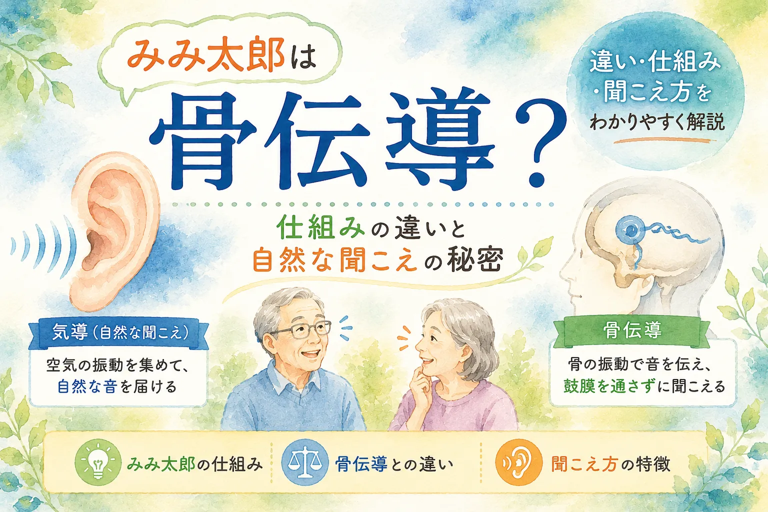みみ太郎と骨伝導補聴器の違いや聞こえ方を水彩イラストで解説した図