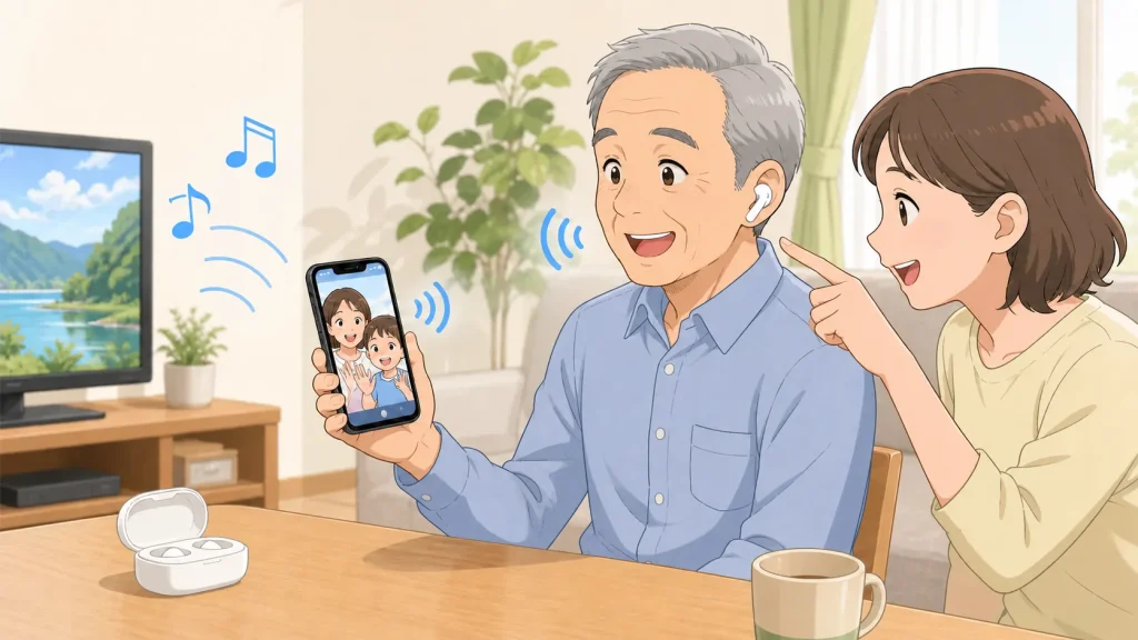 Cearvol Wave Liteを装着した男性が家族とビデオ通話を楽しむイメージ