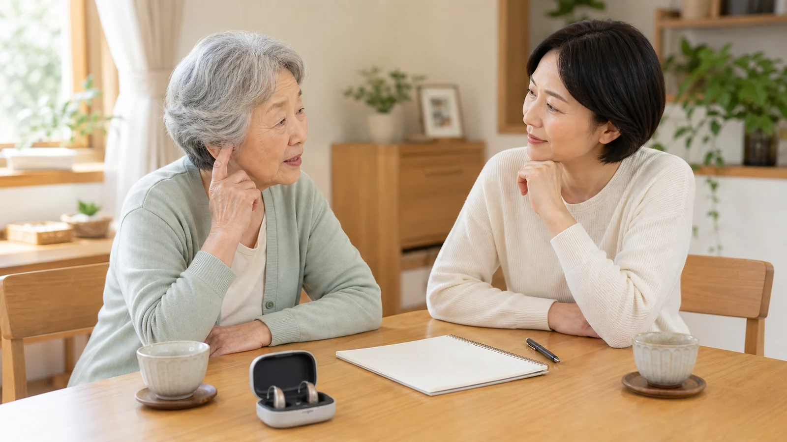 高齢の親と家族が家庭で聞こえの不安を相談する様子