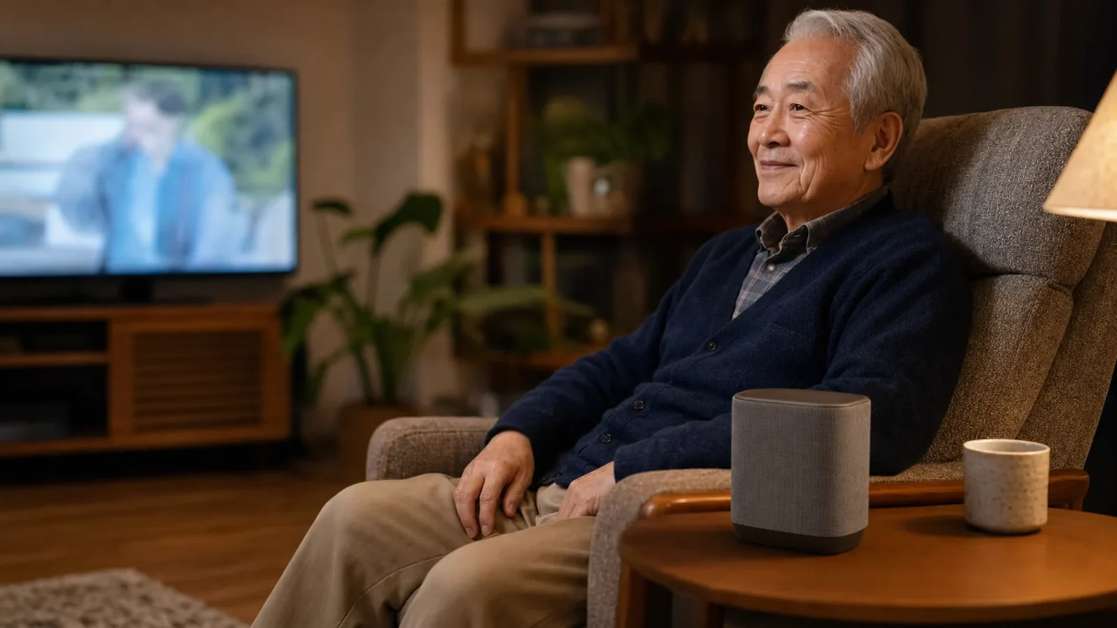 テレビ音を手元スピーカーで聞く高齢男性のリビング風景