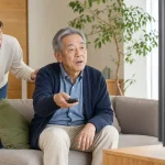 親のテレビ音が大きいときに家族がやさしく声をかける様子