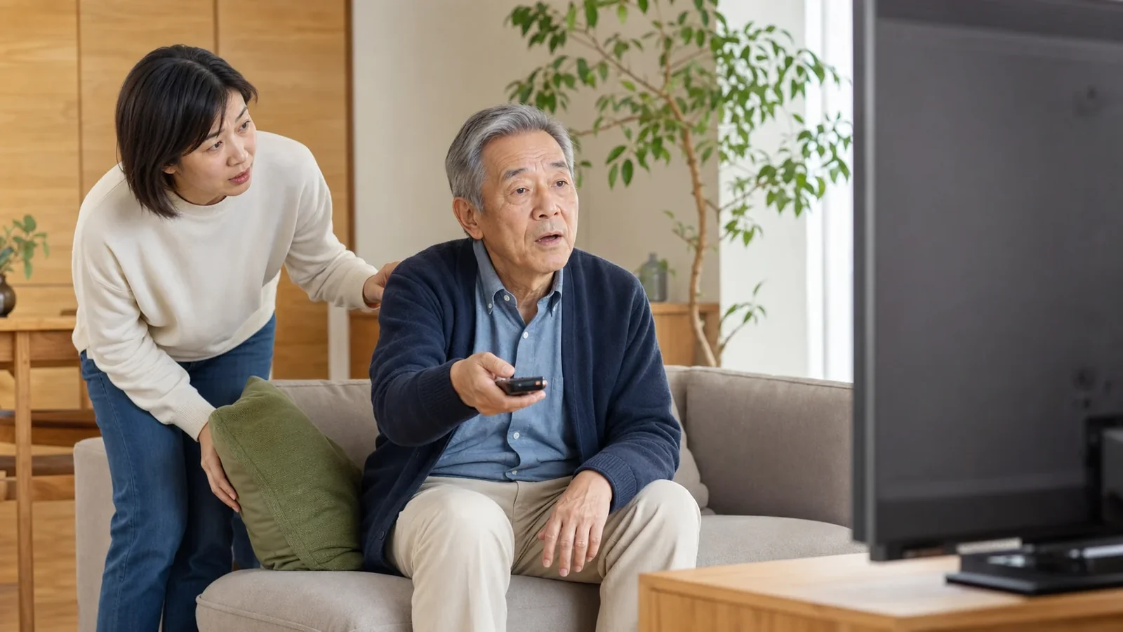 親のテレビ音が大きいときに家族がやさしく声をかける様子