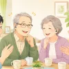 家族との会話を楽しむ高齢者と集音器のイメージ