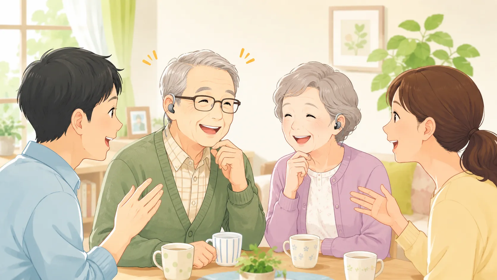 家族との会話を楽しむ高齢者と集音器のイメージ