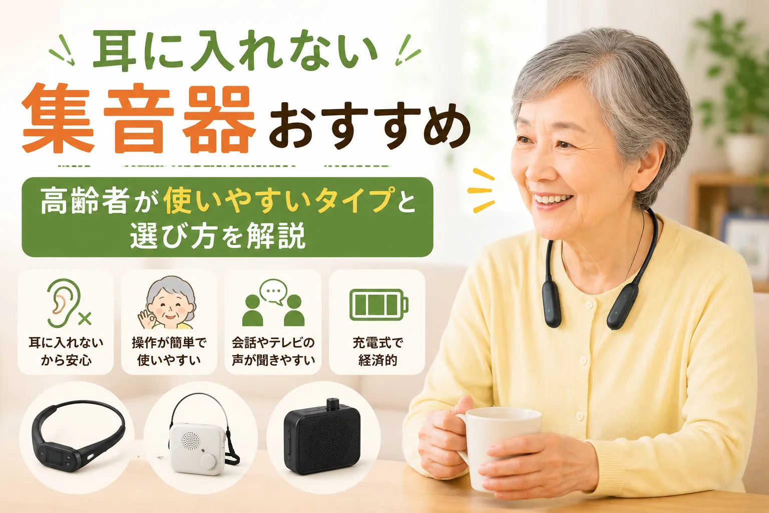 耳に入れない集音器を使う高齢女性と首かけ型集音器のイメージ