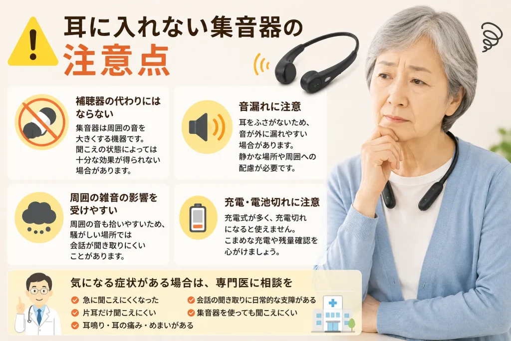 耳に入れない集音器の注意点を確認する高齢女性のイメージ